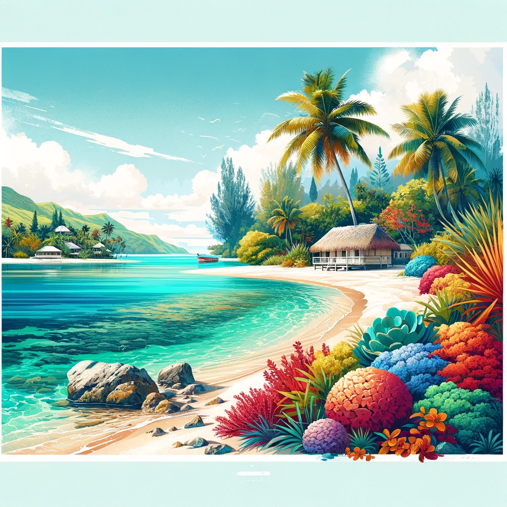 A bright and colorful artistic rendition of an island in Fiji. It's vibrant and colorful.