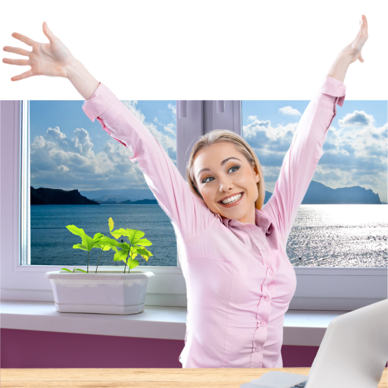A female travel excited about her success thanks to her travel agent tools.